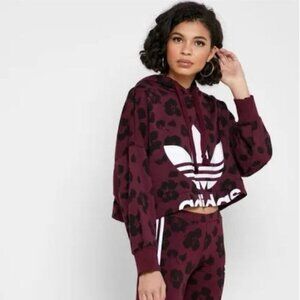 Adidas Originals Bellista Women's Cropped Burgundy Leopard Print Hoodie Small